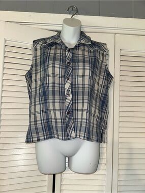 Nick & Sarah Plaid Sleeveless Button Front Blouse Women's Size Large Blue White